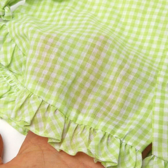 Vintage Baby Girl Green Dress Gingham Checkered Outfit Lightweight Bunny Frills - Picture 8 of 10